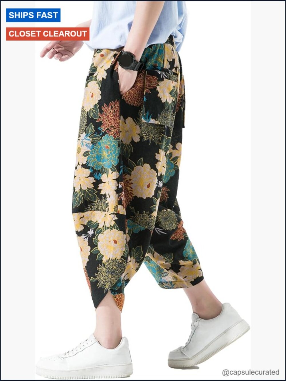 Men's Casual Wide Leg Baggy Harem Capri Pants Linen Summer Beach